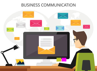 Person send email. Business communication concept. Advertising or marketing