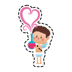 baby cupid holding a potion of love with heart icon over white background. colorful design. vector illustration