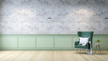Modern loft interior  ,living room,  white wood flooring, green armchair with table  on bright gray bricks wall  background , 3d render