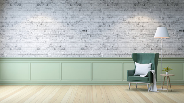 Modern loft interior  ,living room,  white wood flooring, green armchair with table and white lamp on bright gray bricks wall  background , 3d render