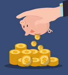 hand holding piggy pile coins vector illustration eps 10