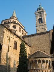 Bergamo - Old city (Citta Alta). One of the beautiful city in Italy. Lombardia. The bell tower and the dome of the Cathedral called Santa Maria Maggiore, north wing