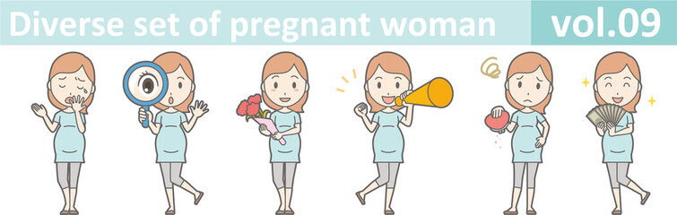 Fototapeta na wymiar Diverse set of pregnant woman, EPS10 vol.09 (Pregnant women wearing short-sleeved clothes)
