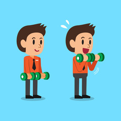 Cartoon businessman doing dumbbell bicep curls step training
