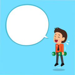 Cartoon businessman doing dumbbell calf jump training with white speech bubble