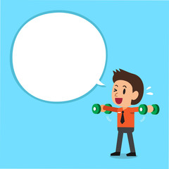 Cartoon businessman doing dumbbell lateral raise training with white speech bubble