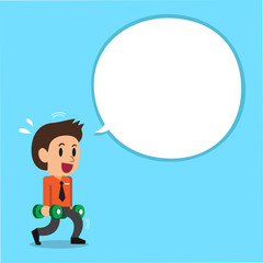 Cartoon businessman doing dumbbell lunge training with white speech bubble