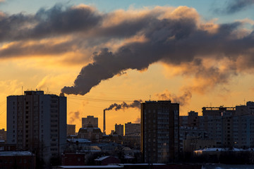 Pollution over Moscow in the frosty morning in Russia, high resolution picture.