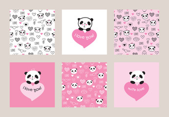 Set of Greeting cards and seamless patterns with cute pandas and hearts. Wrapping paper for Valentine's Day, Mother's Day, birthday, wedding. Doodles, sketch. Vector.