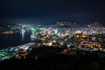 Fototapeta na wymiar Nightview of Nagasaki Bay (長崎湾夜景) in Nagasaki, Japan.