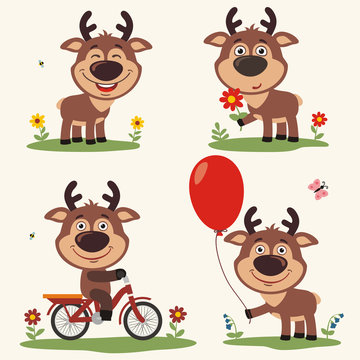 Vector set funny deer plays on meadow. Collection isolated deer on bicycle, with balloon and flower in cartoon style.