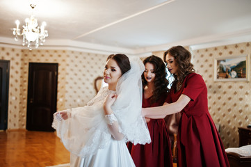 Naklejka premium Two young and gorgeous bridesmaids on red dress wear bride on he