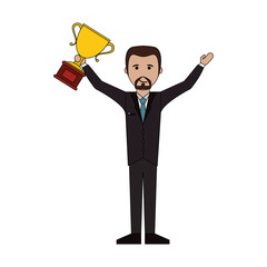 man holding a gold trophy icon over white background. colorful design. vector illustration