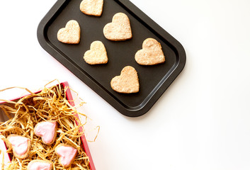 cookies for Valentine Day heartshaped on white background top view