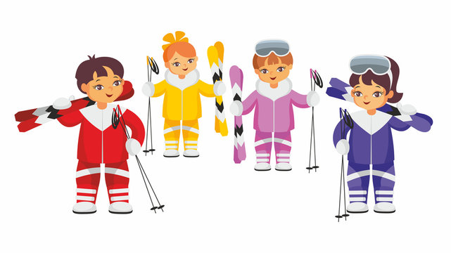 Girls and boys in multi-colored ski suits. Vector illustration on a white background.