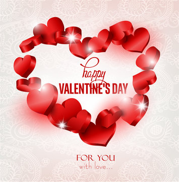 Valentine's Day background with 3D red hearts and floral design background. Vector illustration