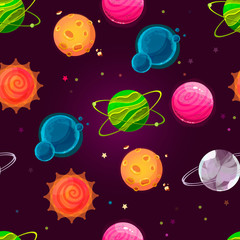 Fantasy planet pattern. Vector concept illustration in flat style. Seamless background with different planets, sun and stars. Creative cosmic backdrop.