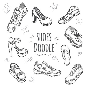 Boots doodle collection. Set of doodle shoes with sneakers, loafers, flip flops and sandals.Vector black and white illustration.