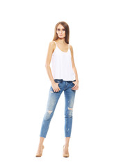 Obraz premium Beautiful and sexy woman in stylish jeans isolated on a white ba