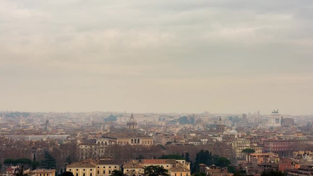 Skyline over Rome in winter with clouds and smog. View by Gianicolo. Time lapse