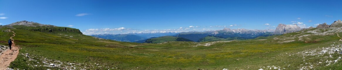 Fototapeta na wymiar Panorama Schlernhochfläche / Almwiese und Aussicht auf Petz Gipfel / Raschötz / Puez Geisler / Langkofelgruppe 
