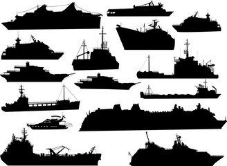 fifteen ship silhouettes isolated onwhite