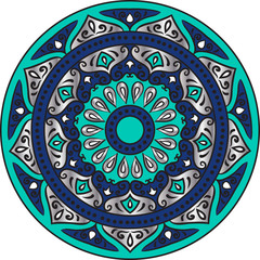 Drawing of a floral mandala in silver, blue and turquoise colors on a white background. Hand drawn tribal  vector stock illustration