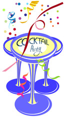 Cocktail party colorful flat vector illustration with glasses, confetti and serpentine