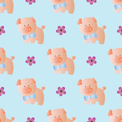 seamless pattern with toy baby pig and green leaves on a light blue background