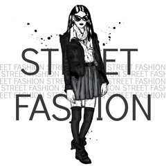 Fashionably dressed girl. Vector illustration for greeting card, poster, or print on clothes. Fashion & Style. Beautiful girl.