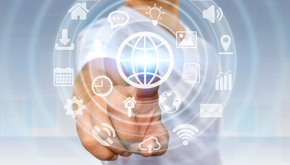 Businessman using digital tactile screen interface with web icon