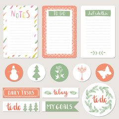 Notepad, stickers and tags for agenda. Set of scrapbook tags. Vector illustration. Isolated.