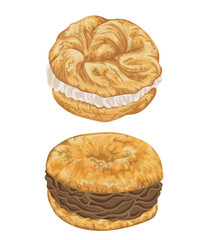 Paris brest cakes with praline and chocolate cream. French pastries in watercolor style. Isolated elements. Hand drawn vector illustration.