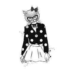 Obraz premium Beautiful girl - cat in a skirt and blouse. Girl with a cat head. Vector illustration.