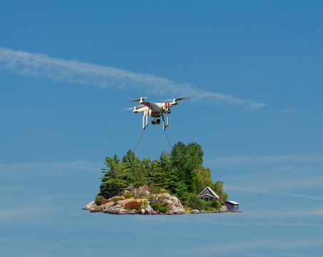 Drone carrying an island with a cotage