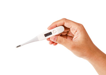 Electronic thermometer in hand.