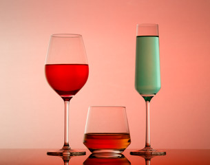 drinks in various alcoholic glasses