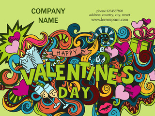 Cartoon cute doodles hand drawn Happy Valentines Day vector illustration, banner with text, Colorful detailed with lots of objects background.