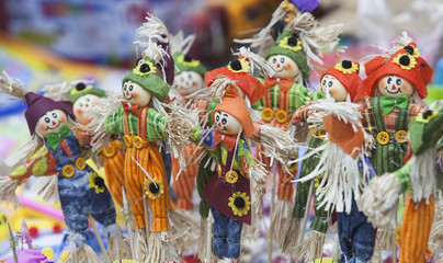 Naklejka premium Colorful handmade puppets for sale at an old street in Hanoi quarter streets