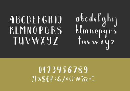 Set of handwritten latin letters. Vector script font. White alphabet isolated on black background.