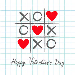 Tic tac toe game with criss cross and three red heart sign mark XOXO. Hand drawn pen brush. Doodle line. Happy Valentines day card Flat design. Exercise book background. Paper sheet.