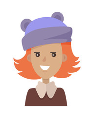 Smiling Young Pretty Red-Haired Girl in Blue Hat
