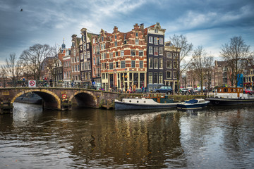 Amsterdam cityscape, traditional dutch houses and canals