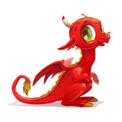 Funny cartoon little red sitting dragon.