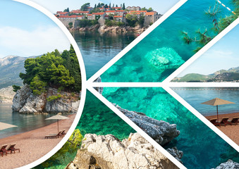 The collage of Sveti Stefan island in Montenegro