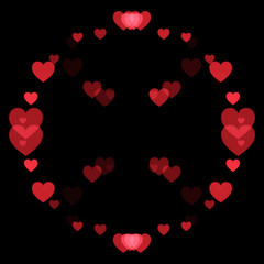 red hearts and black background, abstract shapes