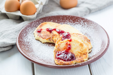 Cottage Cheese Pancakes with Strawberry Jam