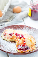 Summer Cottage Cheese Pancakes on Light Wooden Table, Close-up, Vertical View