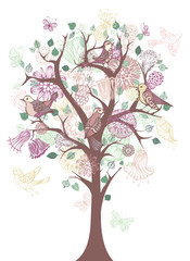Fototapeta na wymiar Tree with flowers and birds.