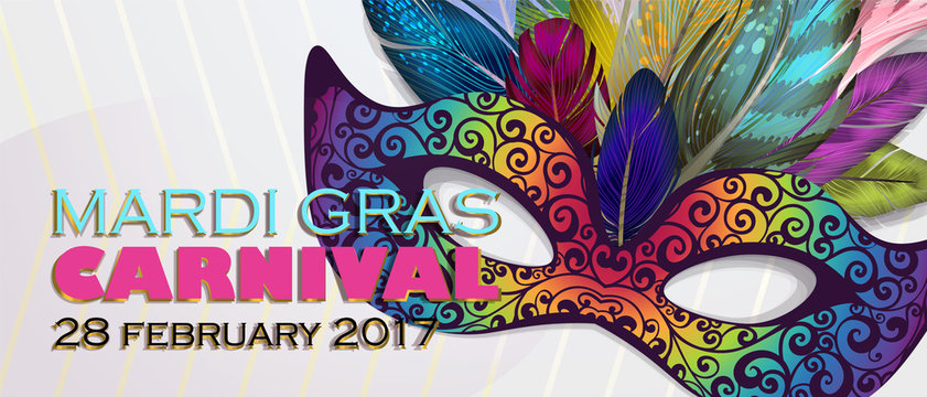 Realistic carnival mask with feather for Mardi Gras invitation flyers, web banner, separated editable elements under mask. Vector illustration,colorful background. Mardi Gras Carnival 28 february 2017